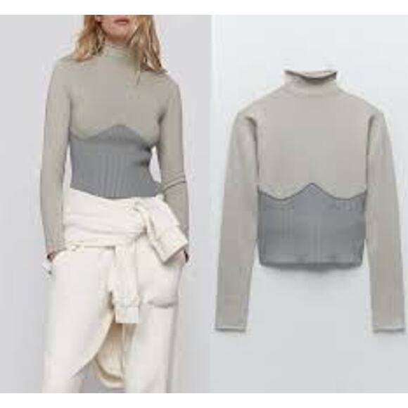 Zara Size Small Sweater Mock Neck Gray Corset Style Knit Two Toned Long Sleeves - Picture 1 of 10